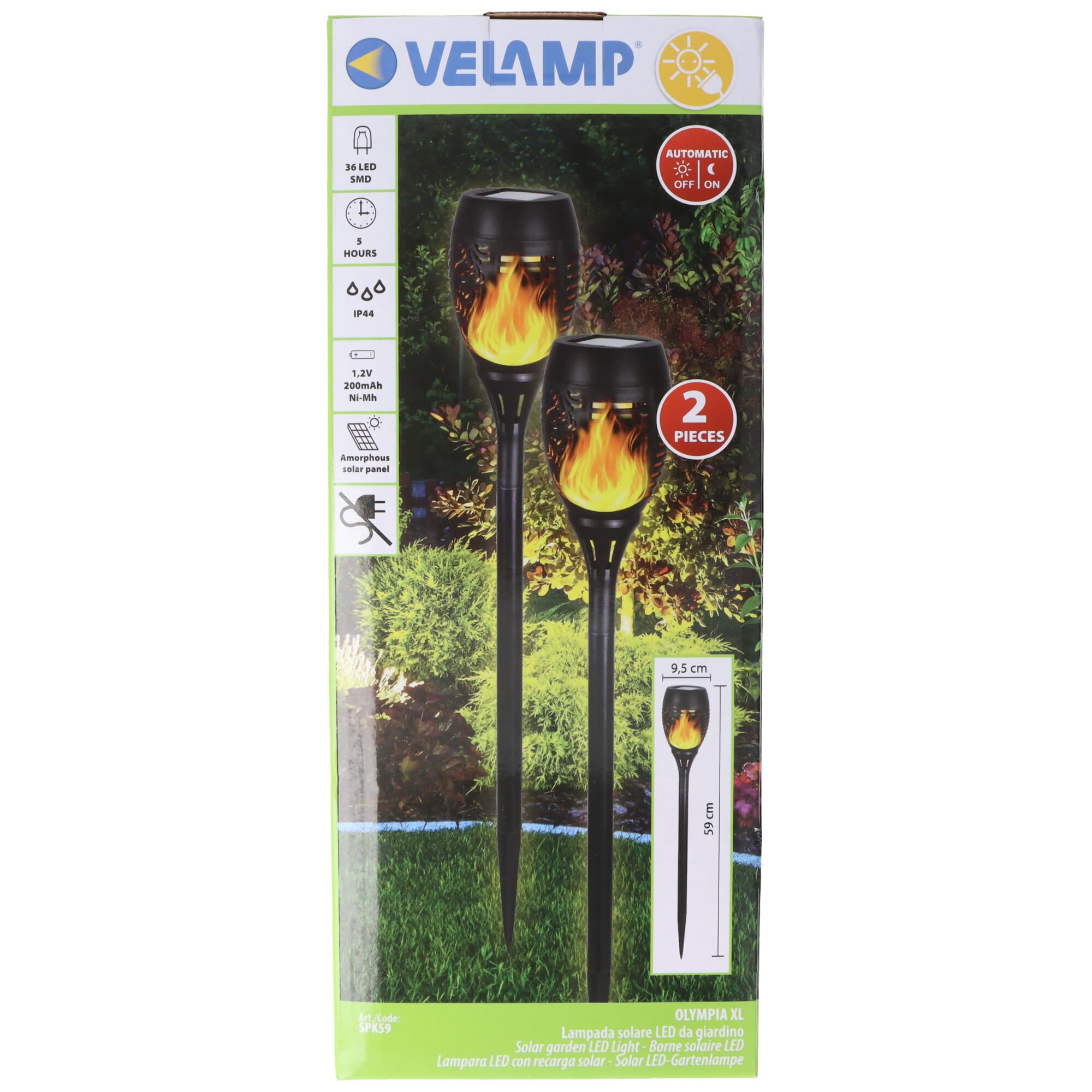 Velamp OLYMPIA XL : lot de 2 piquets solaires de jardin 59cm effet "flamme"