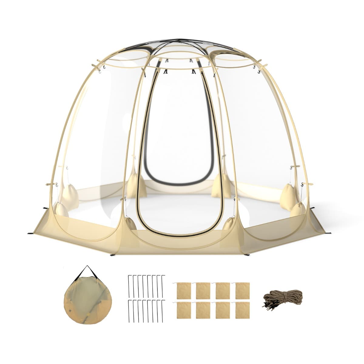 CostwayTente Bulle Pop-Up Igloo Transparent en PVC 630° 265 x 265 cm Résistant aux Intempéries Abri d'Hiver Pliable pour 5-6 Personnes Beige