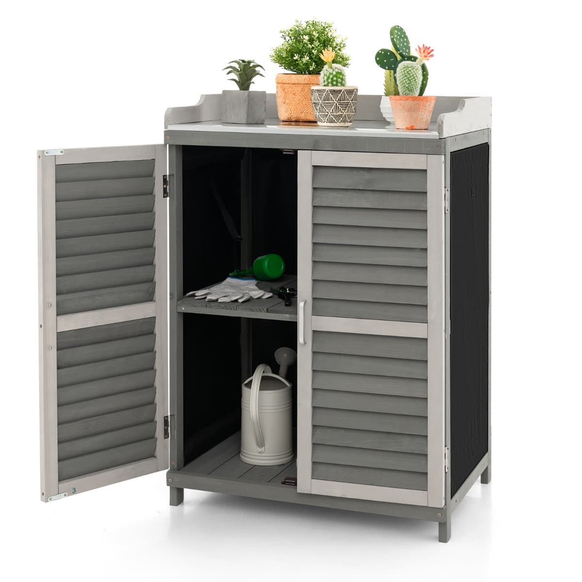 CostwayAbri de Jardin avec 2 Portes Magnétiques Étagère et Plateau en Métal Plaqué Cabane de Rangement en Bois de Sapin 67 x 47 x 100 cm Gris