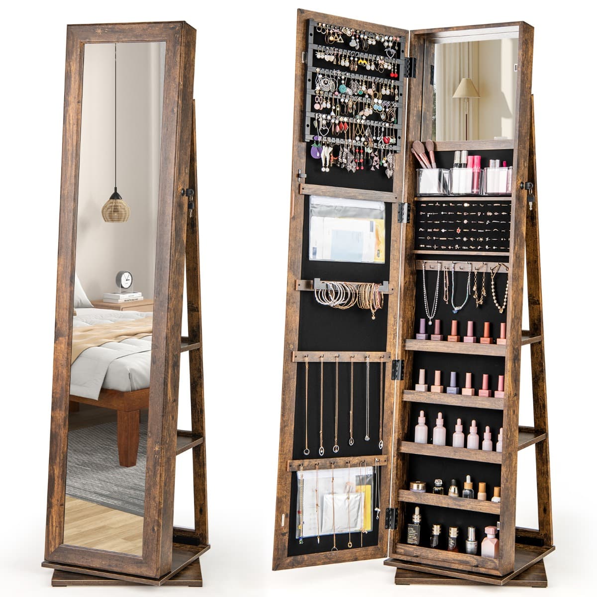 CostwayArmoire à Bijoux Pivotante à 360° Organisateur de Bijoux Debout avec Miroir 3 Boîtes de Rangement & 2 Poches Zippées Marron Rustique
