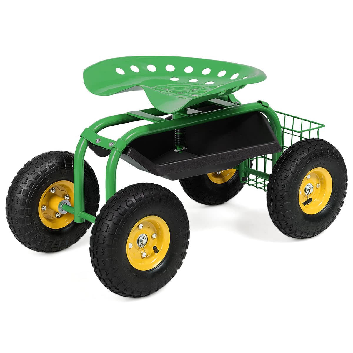 CostwaySiège de Jardin Roulant avec Hauteur Réglable Chariot Jardinage avec Siège Pivotant à 360° Plateau Coussin Charge 150KG Vert