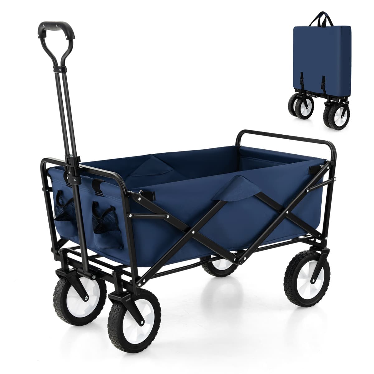 CostwayChariot Roulant Pliable 82 L Chariot Robuste avec Poignée Réglable et Porte-boissons Chariot Utilitaire Extérieur Bleu Marine