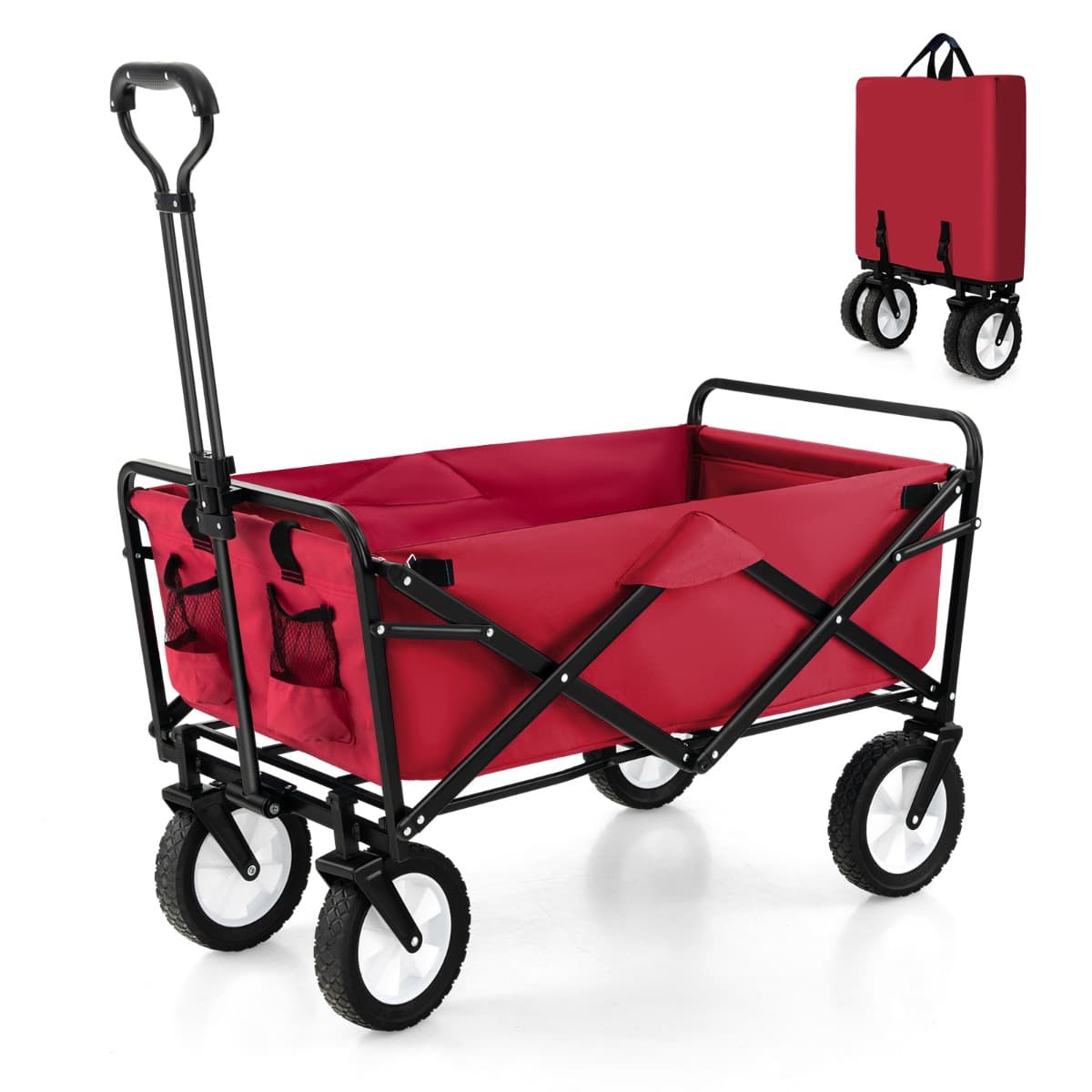 CostwayChariot Roulant Pliable 82 L Chariot Robuste avec Poignée Réglable et Porte-boissons Chariot Utilitaire Extérieur Rouge