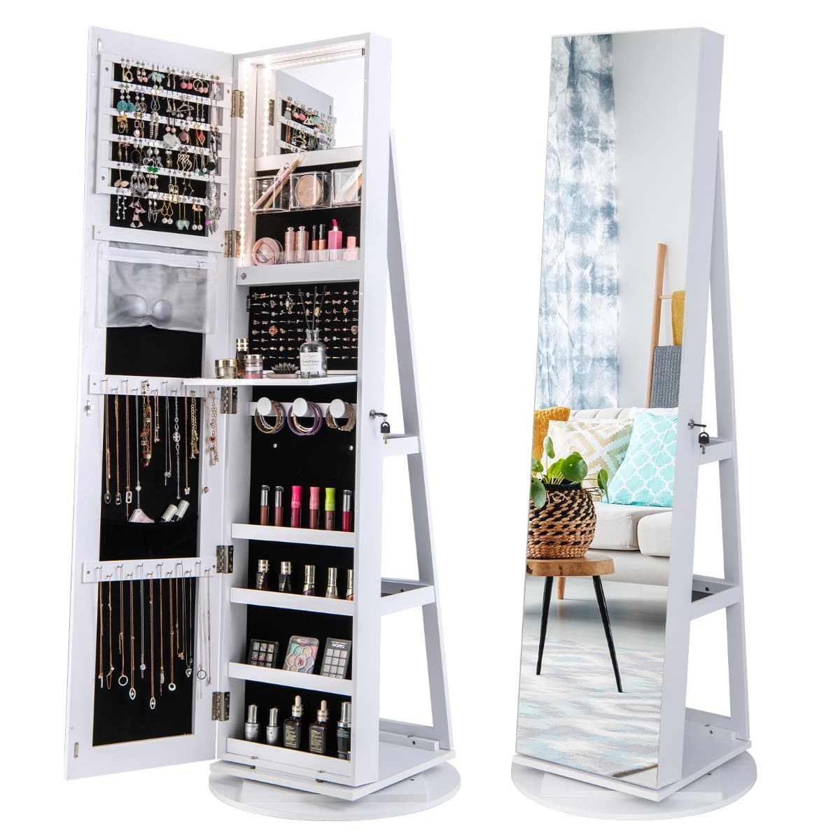 Armoire à Bijoux Pivotante à 360° avec Lumières LED 3 Couleurs Miroir Pleine Longueur et Étagère 3 N