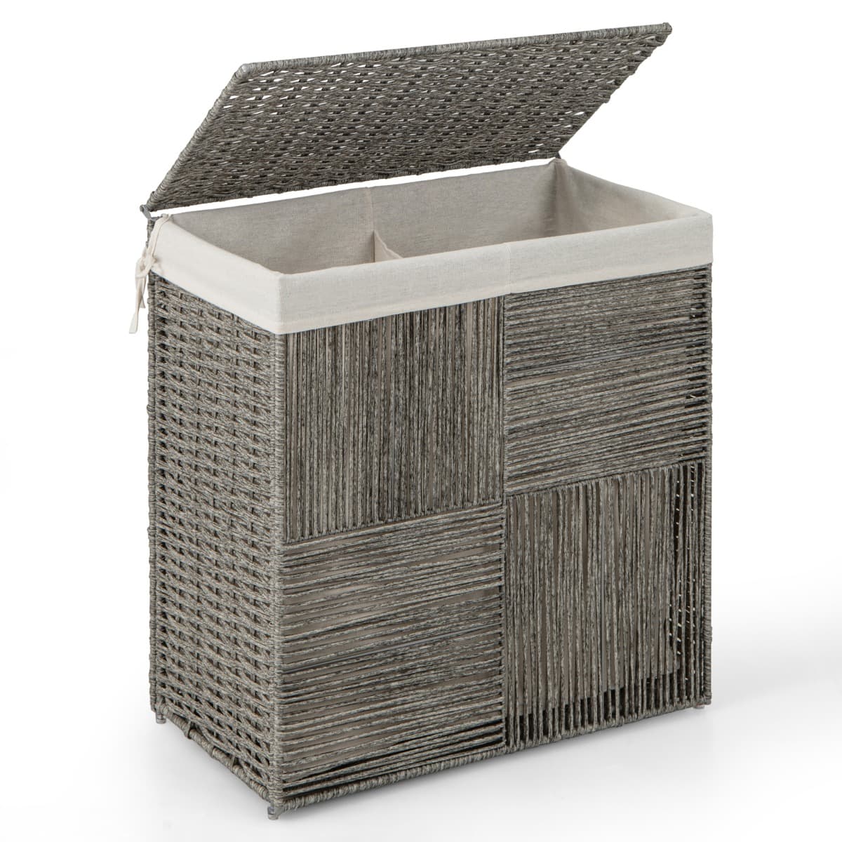 CostwayPanier à Linge 110L Pliable à 2 Sections avec Couvercle Panier à Linge en Rotin Tressé à la Main avec Poignées Pratiques Gris
