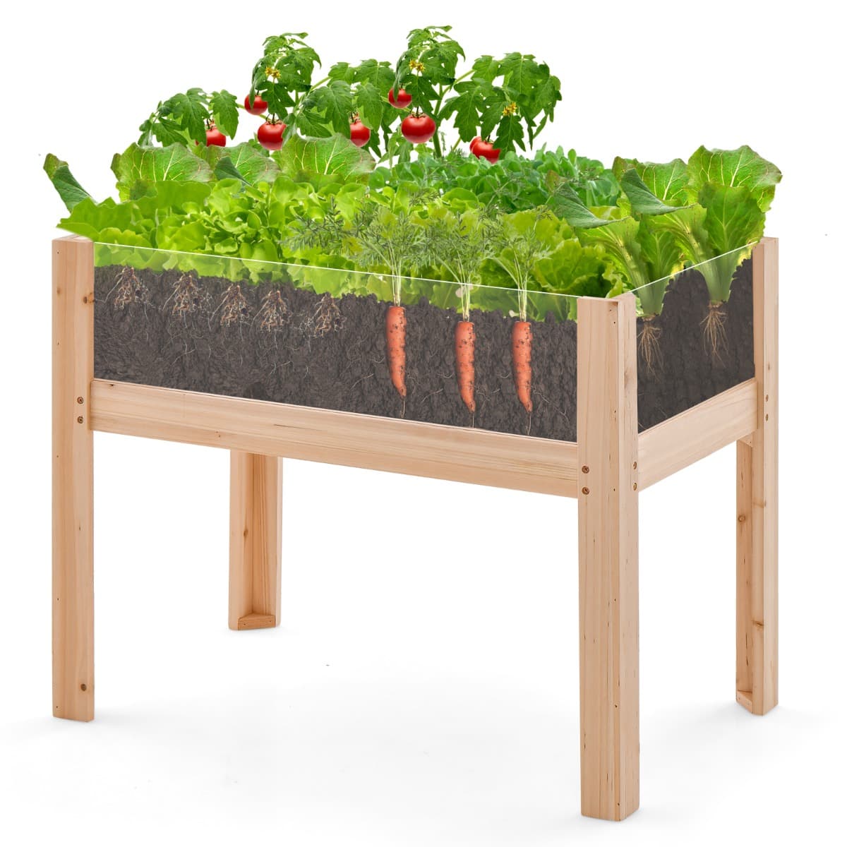 CostwayJardinière Surélevée en Bois Trous de Drainage Panneaux Acryliques Transparent Légumes Herbes Fleurs Capacité de 130 L Naturel