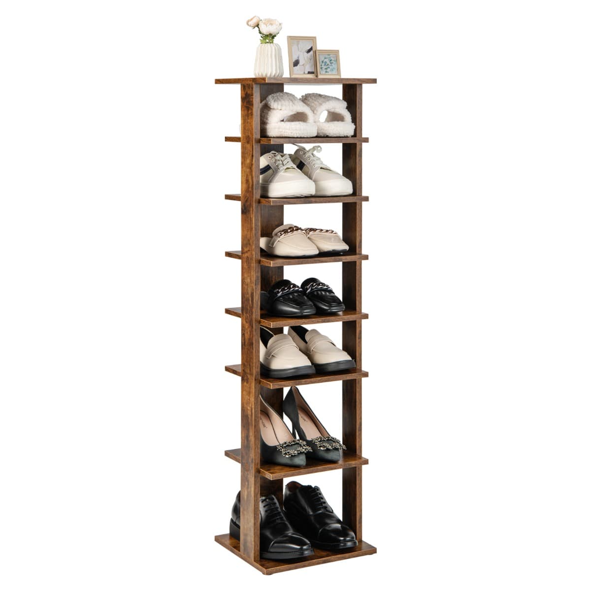 Meuble à Chaussures 7 Niveaux en Forme de Tour Peu Encombrante Rangement d'Angle 27x26x110cm Café