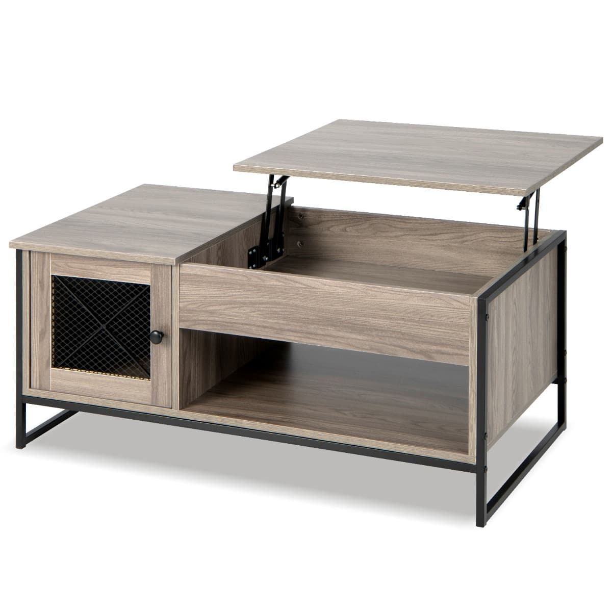 CostwayTable Basse avec Plateau Élévateur Pneumatique Compartiments Ouverts et 2 Casiers Conception à 2 Porte 104 x 52,5 x 58 cm