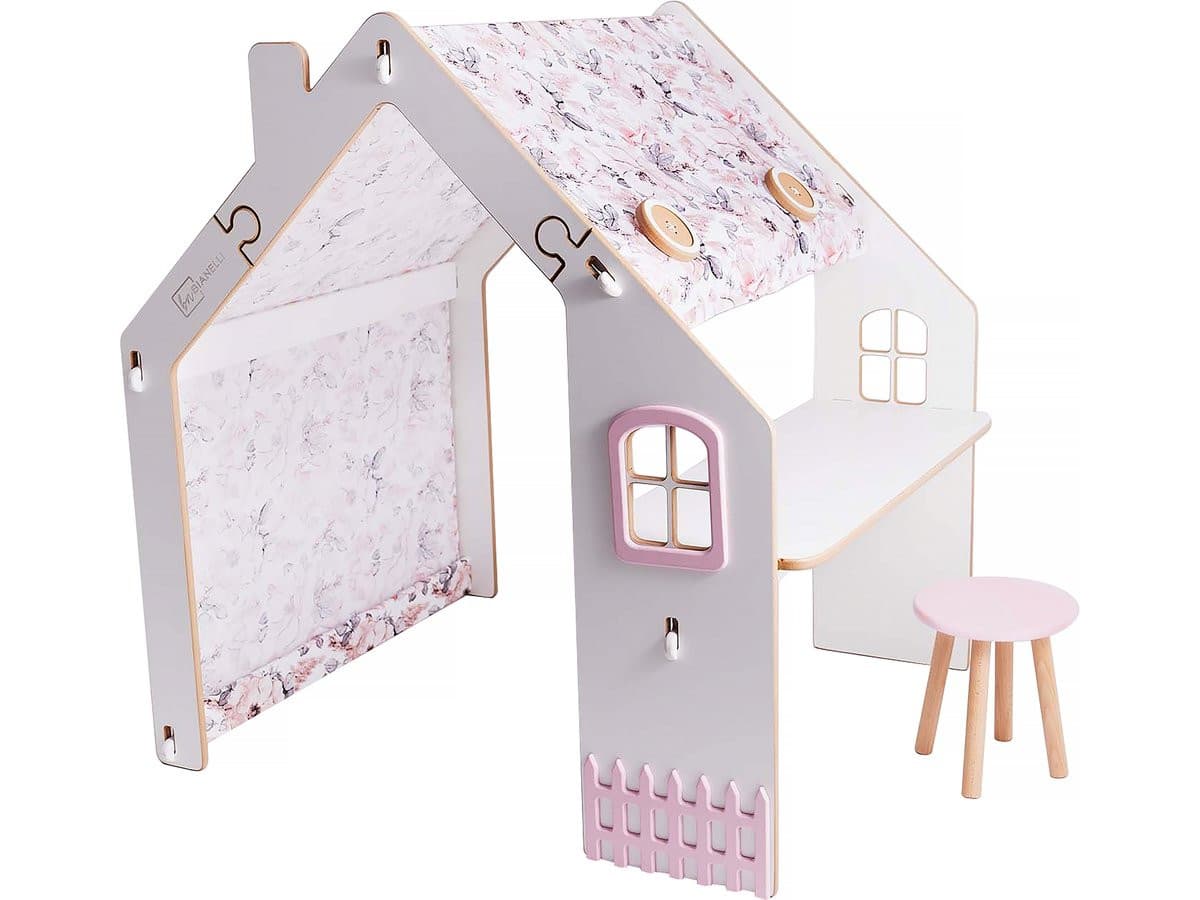 Maisonnette pour enfant en bois "Bianelli" avec bureau - 114 x 93 x 120 cm - Blanc / Rose