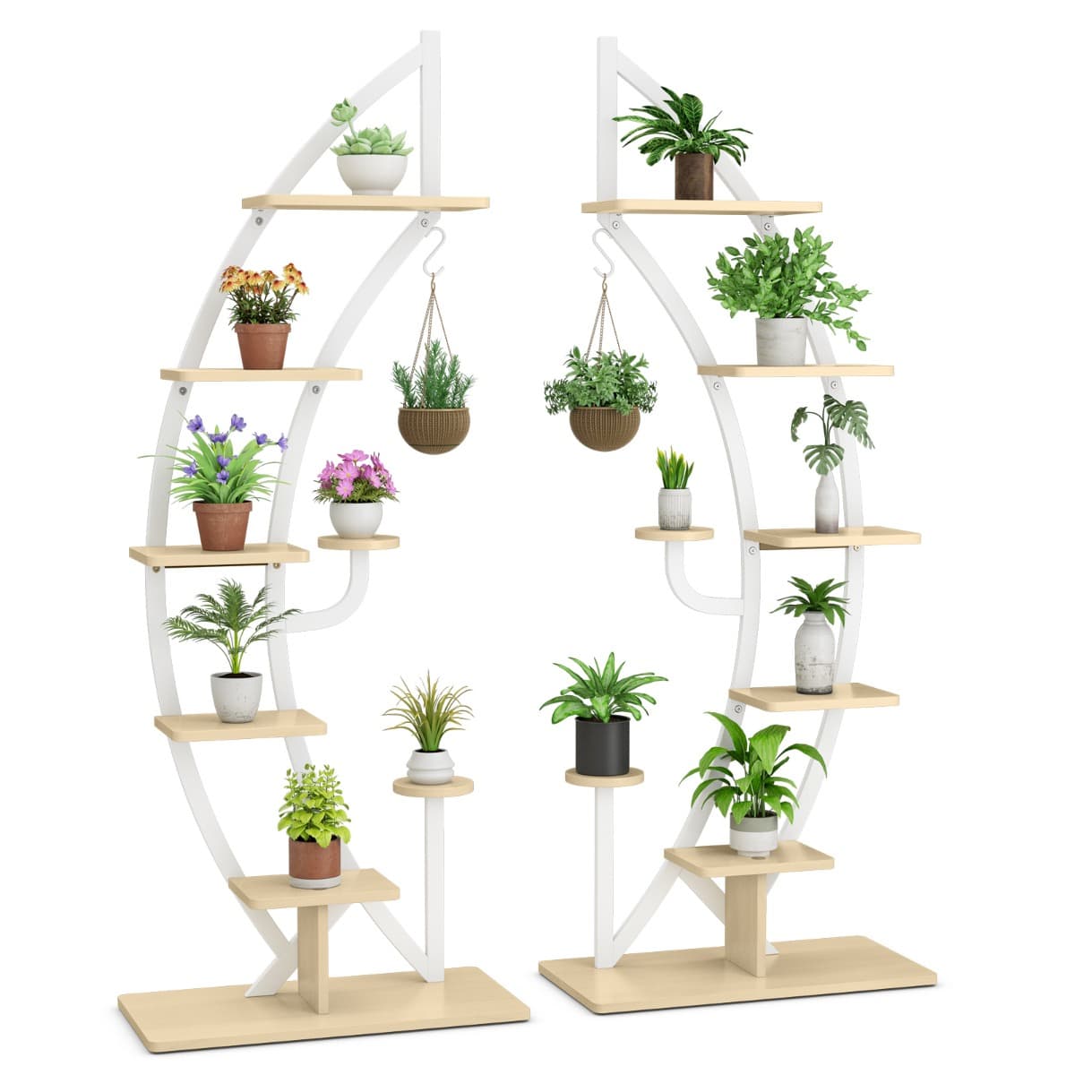 CostwayLot de 2 Étagère à Fleurs en Métal à 7 Niveaux Porte Plantes en Forme de Demi-lune avec Dispositif Anti-renversement 60 x 30 x 155 CM Blanc